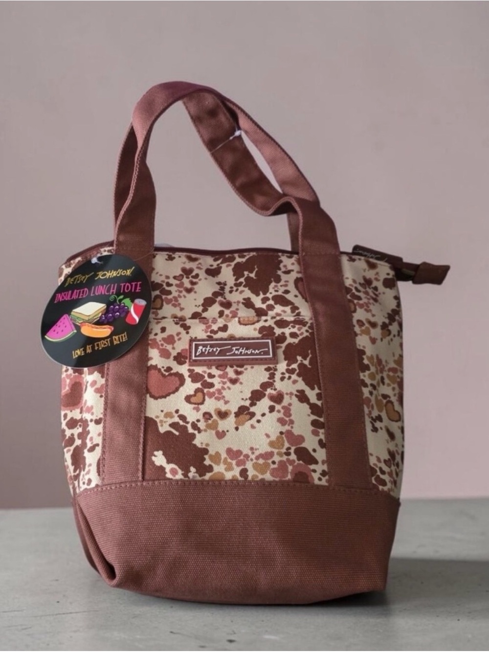 Betsey Johnson Brown Heart Cow Print Canvas Insulated Lunch Tote Y2K Western